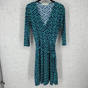 41 Hawthorn Faux Wrap Midi Dress Size M Navy Blue Green Geometric Tie Waist EUC